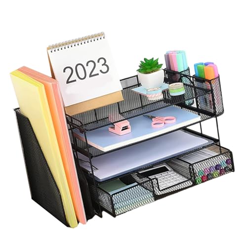 Briefablage aus Metall mit 4 Ebenen, mit Zeitschriftenständer, Schublade, Stiftebecher, Schreibtisch-Organizer und Zubehör, multifunktional für Büro von BINGGA