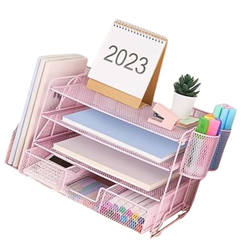 Briefablage aus Metall mit 4 Ebenen, mit Zeitschriftenständer, Schublade, Stiftebecher, Schreibtisch-Organizer und Zubehör, multifunktional für Büro von BINGGA