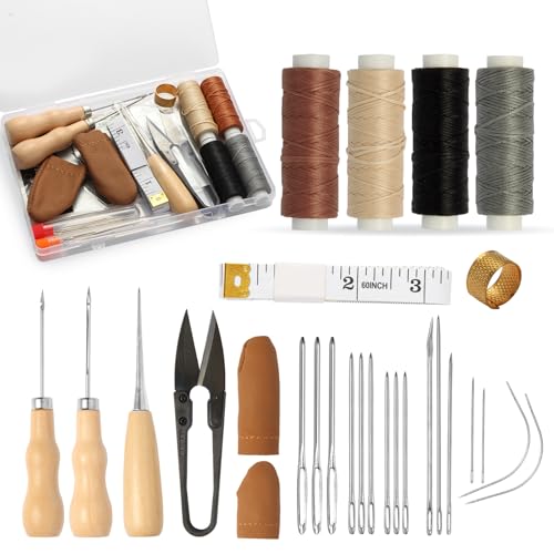 Leder-Reparatur-Set Komplettpaket mit Ledernadeln, 4 Rollen Wachsgarn & Lederlocher - Profi Werkzeuge für Schuhreparatur, Polsternähen, Sofas, Autositze, Teppiche und Segelbezüge Leder-Reparatur-Set Komplettpaket mit Ledernadeln, 4 Rollen Wachsgarn & Lederlocher - Profi Werkzeuge für Schuhreparatur, Polsternähen, Sofas, Autositze, Teppiche und Segelbezüge von BINJCE