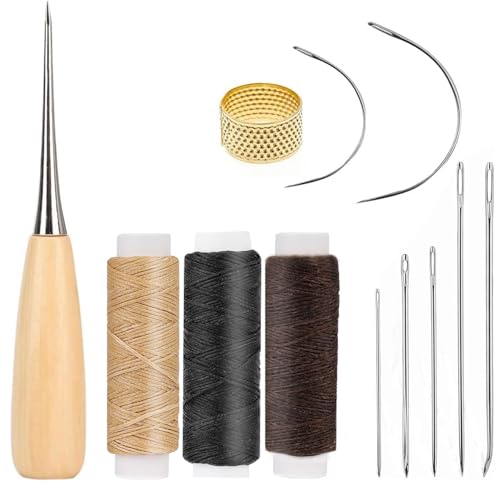 Ledergarn Ledernadel Set, 3 Rollen Wachsfaden, Sattlergarn Reißfest Nähahle Nadeln Fingerhut, Reparatur nähset für Polster Teppiche Sofas Segelsitze und Schuhreparaturen Ledergarn Ledernadel Set, 3 Rollen Wachsfaden, Sattlergarn Reißfest Nähahle Nadeln Fingerhut, Reparatur nähset für Polster Teppiche Sofas Segelsitze und Schuhreparaturen von BINJCE