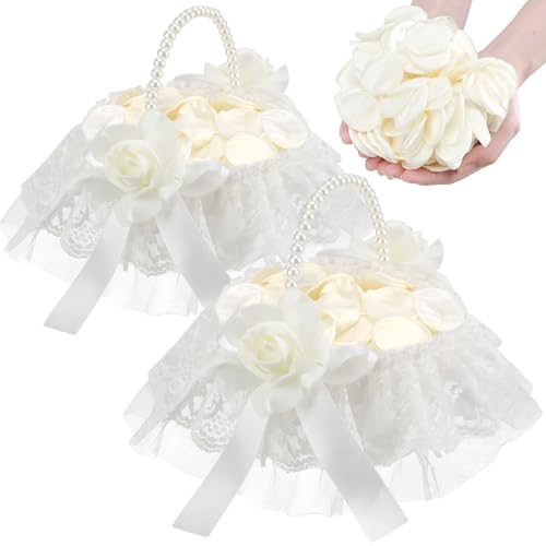Hochzeitskorb für Blumenmädchen, 2er-Set, Spitzen-Perlen-Hochzeitskorb – mit 400 künstlichen Seidenblüten für romantische Nacht, Brautparty, Dekoration (Blume) von BINSUNS