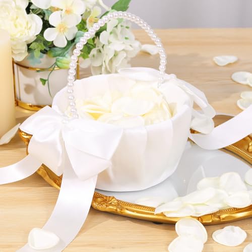Hochzeitskorb für Blumenmädchen, Perlengriff und Schleife, Hochzeitskorb – mit 200 Seidenblüten, künstliche Blumen für romantische Nacht, Brautparty, Heimdekoration (Bandschleife) von BINSUNS