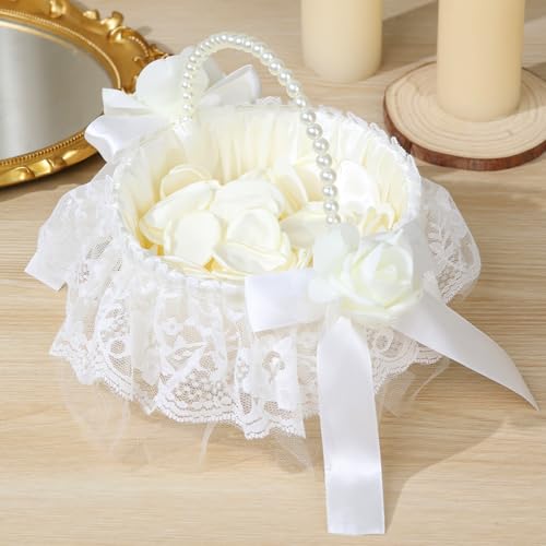 Hochzeitskorb für Blumenmädchen, Perlengriff und Schleife, Hochzeitskorb – mit 200 künstlichen Seidenblüten für romantische Nacht, Brautparty, Heimdekoration (Blume) von BINSUNS