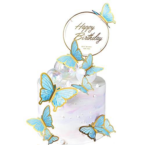 11 Stück Tortendeko Geburtstag,Blau Schmetterlinge Deko Torte Happy Birthday Tortendeko Cake Topper Geburtstag für Kinder Erwachsene Torten Zubehör von BINXWA
