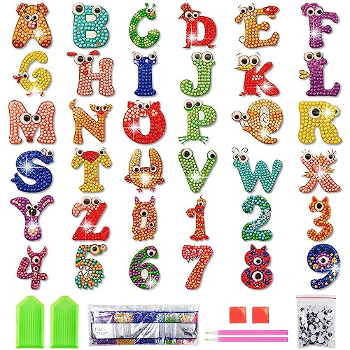 Diamond Painting Sticker DIY 5D Diamant Painting Bilder Diamontpating für Kinder Mini Alphabet Aufkleber Cartoon Diamantzeichnungen für ab 5 Jahre Kinder Junge Mädchen Anfänger Erwachsene (36 Stücke) von BINYI