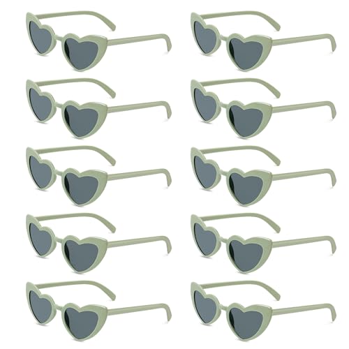 Herz Sonnenbrille Partybrille Set Herzform Brille JGA Brillen Herzbrille 90er Jahre Hippie Herzförmige Brille Herzchen Brille für Party Hochzeit Karneval Halloween 10 Stück (Grün) von BINYI