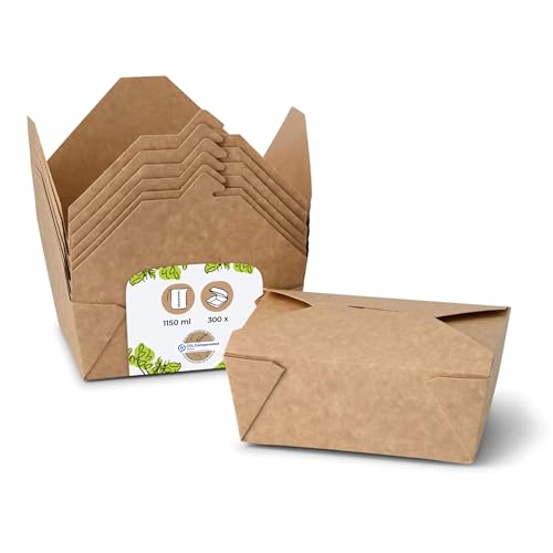 BIOZOYG Speise Box Take Away I Bio Speisebox mit Faltdeckel 1150 ml I Pappschachtel rechteckig I braune Kraftkarton Schachtel kompostierbar I Einweg To Go Boxen 300 Stück von BIOZOYG