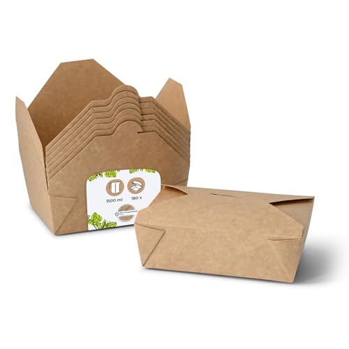 BIOZOYG Speise Box Take Away I Bio Speisebox mit Faltdeckel 1500 ml I Pappschachtel rechteckig I braune Kraftkarton Schachtel kompostierbar I Einweg To Go Boxen 180 Stück von BIOZOYG