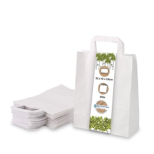 BIOZOYG weiße Papiertüten mit Griff I umweltschonende Papiertüte aus Kraftpapier I Geschenktüte biologisch abbaubar, Tüten kompostierbar I 100 x weiße Papiertragetaschen mit Henkel 22x10x28 cm von BIOZOYG