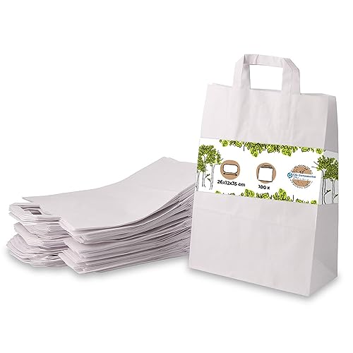 BIOZOYG weiße Papiertüten mit Griff I umweltschonende Papiertüte aus Kraftpapier I Geschenktüte biologisch abbaubar, Tüten kompostierbar I 100 x weiße Papiertragetaschen mit Henkel 26x12x35 cm von BIOZOYG