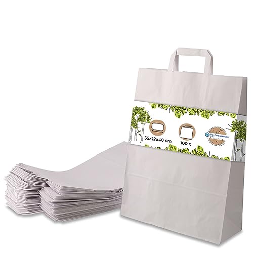 BIOZOYG weiße Papiertüten mit Griff I umweltschonende Papiertüte aus Kraftpapier I Geschenktüte biologisch abbaubar, Tüten kompostierbar I 100 x weiße Papiertragetaschen mit Henkel 32x12x40 cm von BIOZOYG