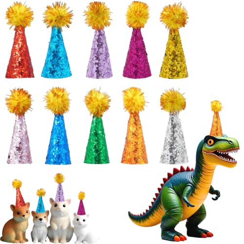 BIPY Mini-Partyhüte für Stofftierfiguren, Dinosaurier, Spielzeug, kleine Hüte zum Basteln, Puppe, Kopfbedeckung, Hamster, Vogel, verstellbarer Miniaturhut mit Lametta-Poms, Geburtstagstortenaufsätze von BIPY