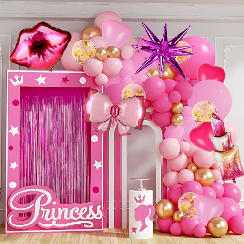 BIQIQI Barbi Prinzessin Luftballon, 108 Stücke Ballon Girlande Rosa Rosenrot Gold Herzform 4D Starburst Lippenstift Kuss Bow für Mädchen Frauen Hochzeit Braut Baby Shower Prinzessin Geburtstag Deko von BIQIQI