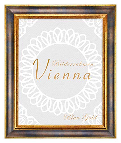 BIRAPA Bilderrahmen gold Vienna Rahmen 70x90 cm - Bilderrahmen vintage in Blau Gold, Bilderrahmen Holz mit Zierleiste innen und außen, Fotorahmen, Holzrahmen von BIRAPA