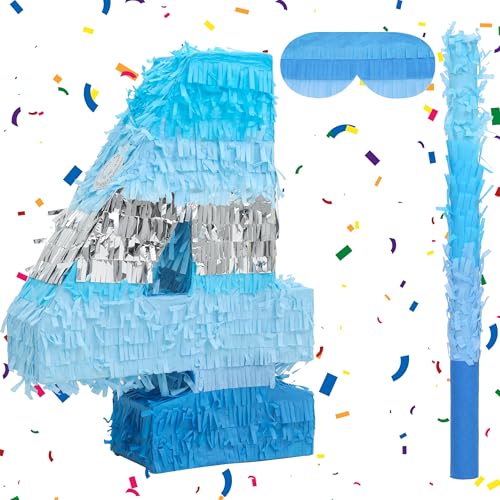 Birchio Pinata-Set mit Zahl 4 mit Augenbinde und Schläger (41 x 29 x 10 cm), perfekt für Geburtstagspartys, Bausteine, Geburtstag, Dekoration von BIRCHIO