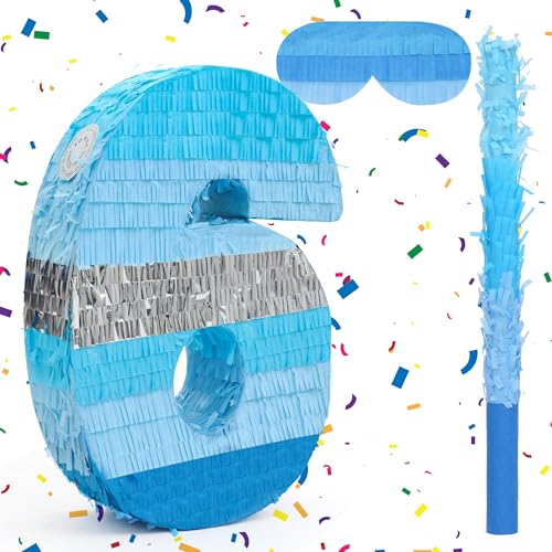 Birchio Pinata-Set mit der Zahl 6 mit Augenbinde und Schläger (41 x 27 x 10 cm), perfekt für Geburtstagsparty-Zubehör, Bausteine, Geburtstag, Dekoration von BIRCHIO