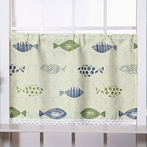 BIRLD Kurze Küchengardine Modern Scheibengardine Bistrogardine Für Cafe Zimmer Kleiner Fische Muster Kurzgardine Halbtransparent, Maritimen Motiv (Color : Green, Size : WxH/90x40cm) von BIRLD