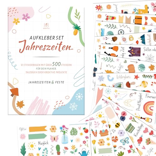 BIROYAL 12 Blätter Jahreszeiten Sticker Set - über 500 Aufkleber für Fotoalbum Bullet Journal Zubehör Deko - DIY Scrapbooking Aufkleber für Kinder Erwachsene Basteln Geschenke (17 x 24 cm) von BIROYAL