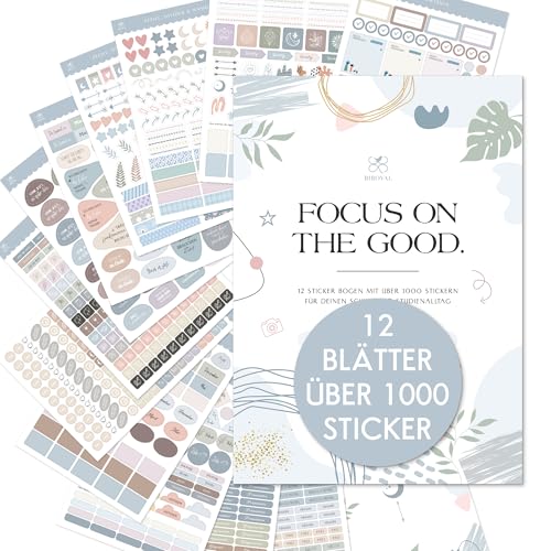 BIROYAL 12 Blätter Sticker Set für Schüler & Studierende, über 1000 Bullet Journal Sticker Student, Stickers Schule für Studienplaner & Schülerkalender, Studium must haves, Kalender Stickers von BIROYAL