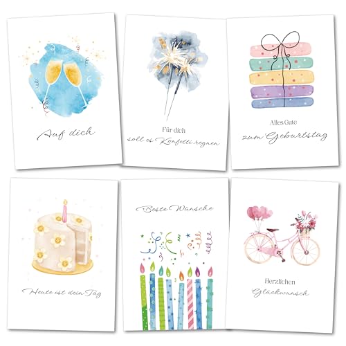 BIROYAL 12er Geburtstagskarten Set mit Umschlag - 148 x 105 mm Happy Birthday Karte mit Aquarell Design - Klappkarten Geburtstag - Grußkarten für Frau Familie Freunde von BIROYAL
