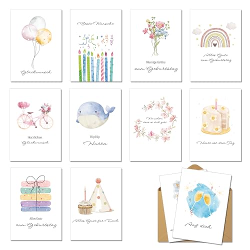 BIROYAL 12er Geburtstagskarten Set mit Umschlag - 148 x 105 mm Geburtstagskarte Frau Mann - Happy Birthday Karte mit Aquarell Design - Klappkarten Geburtstag - Grußkarten für Familie Freunde von BIROYAL