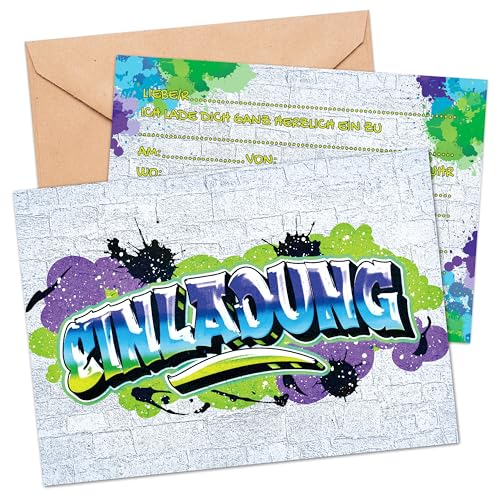 BIROYAL 13 Stk Graffiti Einladungskarten Kindergeburtstag Junge inkl. Umschlagen | A6 Geburtstagseinladungen Jungen | Graffiti Party Design | Einladung Kindergeburtstag | Partyeinladung für Geburtstag von BIROYAL
