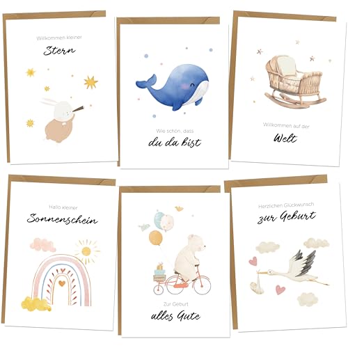 BIROYAL 6 Glückwunschkarten zur Geburt Baby | Hochwertige Karte Geburt für Baby Klappkarten mit Umschlägen aus Kraftpapier und Aufkleber | Süße Geburtskarten aquarell für Mädchen und Jungen von BIROYAL