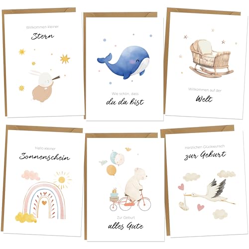 BIROYAL 6 Hochwertige Karte zur Geburt mit Umschlage - Glückwunschkarte Geburt Mädchen Jungen - Baby Karten Geburt Set mit Umschlägen aus Kraftpapier - Klappkarten - Ideales Baby Geburt Geschenk von BIROYAL
