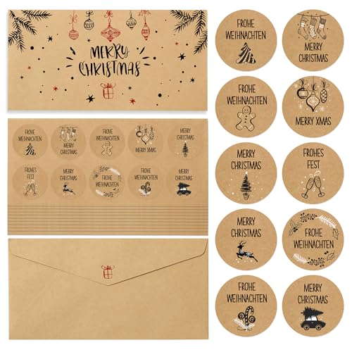 BIROYAL Aufkleber 100 Stk. Etiketten selbstklebend, Weihnachten Sticker 10 Motive Weihnachtsaufkleber aus Kraftpapier zum Beschriften, Etiketten für Umschlag, Geschenktüten(Schwarz & weiß) von BIROYAL