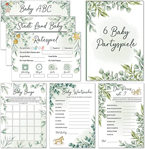BIROYAL Babyparty Spiele | 60 Karten zum Ausfüllen | 6 Babyshower Spiele für Junge und Mädchen (je 10 STK.) inkl. Ratespiel | beidseitig Bedruckt | Deko Baby Shower Party Spiel - Eucalyptus von BIROYAL