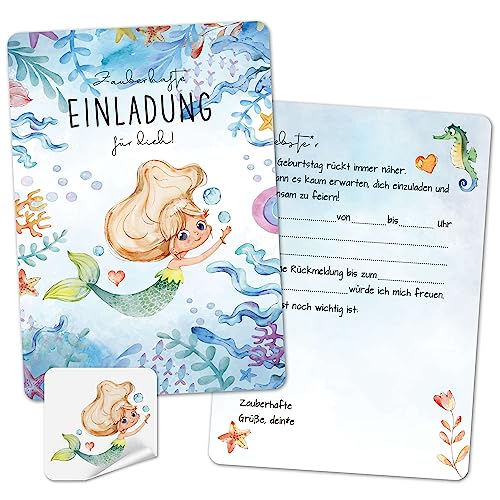 BIROYAL 10 Einladung Kindergeburtstag Meerjungfrau mit Kindertattoo und Umschlag, Einladungskarten Kindergeburtstag Mädchen, Meerjungfrau Geburtstag von BIROYAL