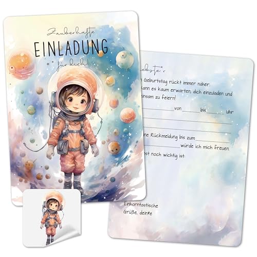 BIROYAL Einladungskarten Kindergeburtstag, Einladung Kindergeburtstag mit Umschlag & Kindertattoo für Mädchen Jungen, 10 x Einladungskarten Geburtstag, Geburtstagseinladungen Astronaut von BIROYAL