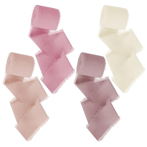 BIROYAL Fransen Chiffonband, 4 Rollen Geschenkband Hochzeit Chiffon Band 3,8cm B x 18m pro Rolle, handgefertigtes Chiffonband Schleifenband Stoffband Fransenband, seidenähnliches Band-Set(Rosa Serie) von BIROYAL