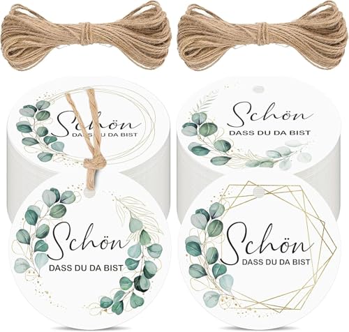 BIROYAL Geschenkanhänger, 5cm SCHÖN DASS DU DA BIST Etiketten Anhänger, 100 stk. Geschenkanhänger mit 20 m Jute Schnur für Handmade Hochzeit Geschenk Weihnachten (Grünes Laub) von BIROYAL