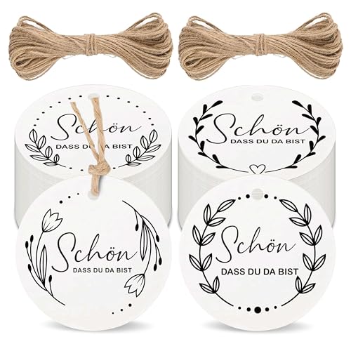 BIROYAL Geschenkanhänger, 5cm SCHÖN DASS DU DA BIST Etiketten Anhänger, 100 stk. Geschenkanhänger mit 20 m Jute Schnur für Handmade Hochzeit Geschenk Weihnachten von BIROYAL