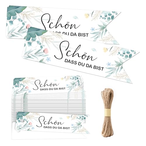 BIROYAL 100 Stück Geschenkanhänger Hochzeit Schön dass du da bist Etiketten Anhänger Eukalyptus Tags Gastgeschenke Deko Party Geschenke zum Basteln mit 20m Jute Schnur von BIROYAL