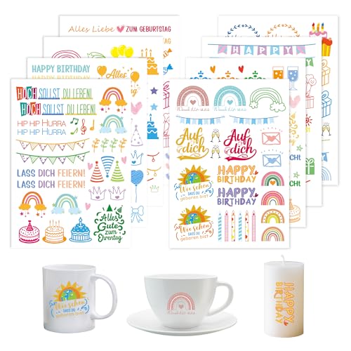BIROYAL Groß 8 PCS Kerzentattoos (210+ Muster, 24x17cm), Wassertransferdruck |Wasserschiebefolie Kerzen | Kerzenfolie | Kerzenaufkleber Sticker |Kerzen Dekorieren | Party-Deko für Erwachsene & Kinder von BIROYAL