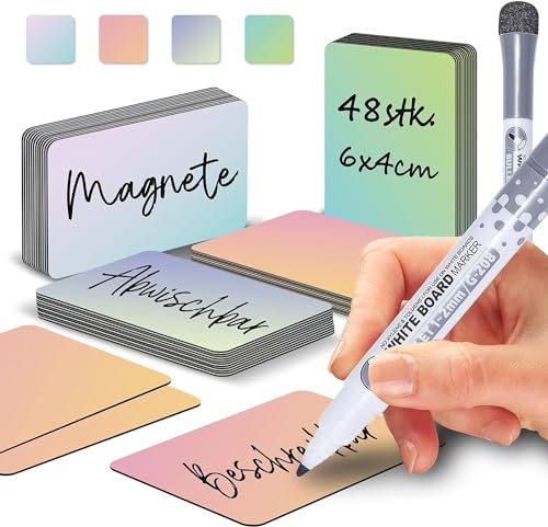 BIROYAL Magnetstreifen beschreibbar, 6X4cm 48 STK. abwischbare Magnete, Selbstklebend Magnetschilder zum beschriften, Magnet-Etiketten inkl. 1 Marker für Whiteboards, Magnettafel 4 Verlaufsfarbe von BIROYAL