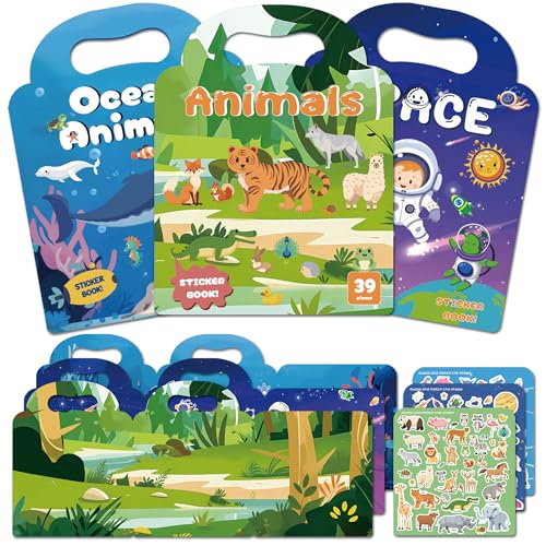 BIROYAL Wiederverwendbare wasserdichte Stickerbuch Spielzeuge für Kinder, Sticker Book for Kids 2-4, 3D Aufkleber, Sticker Set pädagogische Lerngeschenk, Tiere Weltraum Unterwasserwelt 3er Pack von BIROYAL