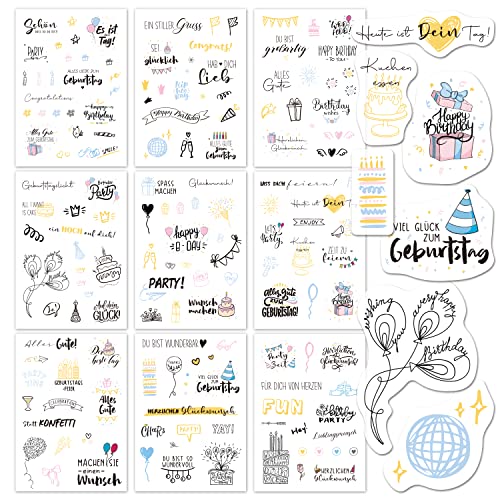 BIROYAL Sticker Geburtstag (135+ Motive) | Aufkleber für Gästebuch Geburtstag, Fotoalbum, Geburtstagskarten & Geschenke | handgezeichneter Stil Geburtstag Deko für Erwachsene & Kinder | 9 Bögen von BIROYAL