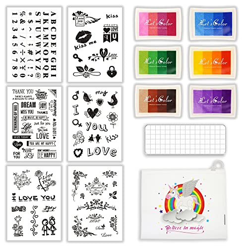 BITEYI Silikonstempel Set,6 blätter Klarer Silikonstempel,6 Stempelkissen,1 Acryl Stempelblock,1 Aufbewahrungstasche,für Kartenherstellung,DIY Scrapbooking und Album Dekor (CSS2) von BITEYI