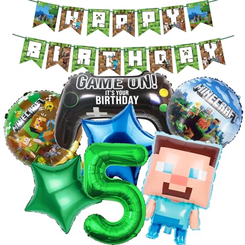 Minecraft Geburtstag Dekorationen 5 Jahr Happy Birthday Ballon Banner Minecraft Folienballons für Junge Geburtstag Luftballons Cartoon Lustige Happy Birthday Party Supplies Gaming Thema Party Supplies von BITOWO