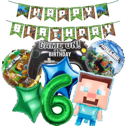 Minecraft Geburtstag Dekorationen 6 Jahr Happy Birthday Ballon Banner Minecraft Folienballons für Junge Geburtstag Luftballons Cartoon Lustige Happy Birthday Party Supplies Gaming Thema Party Supplies von BITOWO