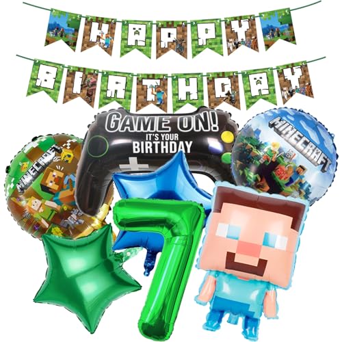 MC Geburtstag Dekorationen 7 Jahr Happy Birthday Ballon Banner Minecraft Folienballons für Junge Geburtstag Luftballons Cartoon Lustige Happy Birthday Party Supplies Gaming Thema Party Supplies von BITOWO