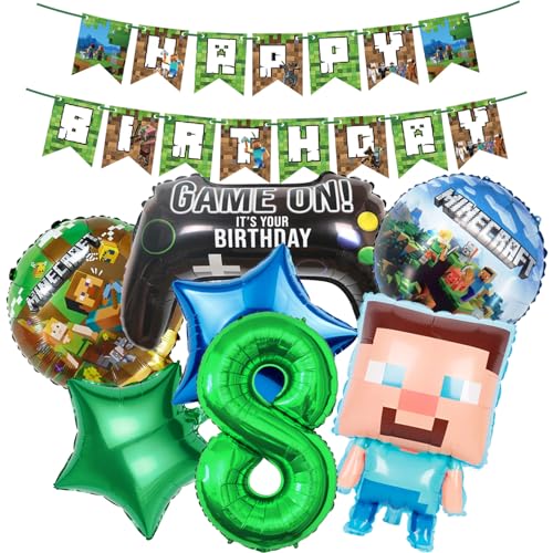 Minecraft Geburtstagsdekorationen 8 Jahr Happy Birthday Ballon Banner Minecraft Folienballons für Junge Geburtstag Luftballons Cartoon Lustige Happy Birthday Party Supplies Gaming Thema Party Supplies von BITOWO