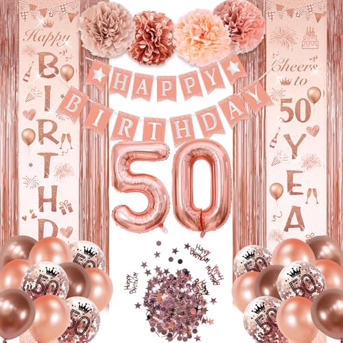 50Geburtstagsdeko, 50 Rose Gold Geburtstag Mädchen Deko,Happy Birthday Girlande Tür Banner, für Frauen Mädchen Geburtstag Deko Geburtstags Party Deko von BITOYO