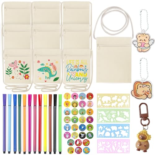 BITOYO 10 Stück Stoffbeutel zum Bemalen für Kinder, 12 Buntstift, 4 DIY Malschablonen für Basteln Kindergeburtstag Kosmetiktasche Aufbewahrung, für Geburtstagsfeiern und Schulaktivitäten von BITOYO