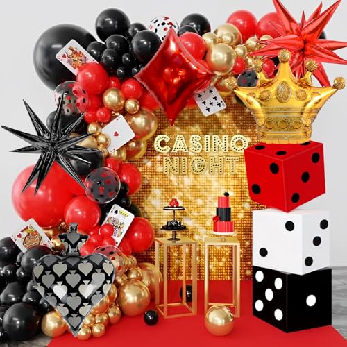 BITOYO Casino Luftballon Set 94 Stück Ballon Rot Schwarz Gold mit Aluminium Krone und Sternen, Poker Accessoires, Deko für Casino Partys, Nacht, Vegas Party und Spiele von BITOYO