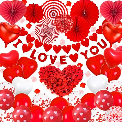 Valentinstag Deko Set, Rot Romantische Deko mit Herz Luftballons, Folienballon, Papierfächer, Ich Liebe Dich Girlande, 500 Seide Rosenblüten für Hochzeit Anniversary Valentinstag Deko Set, Rot Romantische Deko mit Herz Luftballons, Folienballon, Papierfächer, Ich Liebe Dich Girlande, 500 Seide Rosenblüten für Hochzeit Anniversary von BITOYO
