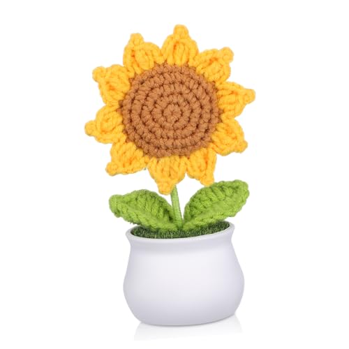 BIUDECO Gestrickte Sonnenblumen Topfpflanze Handgefertigte Dekoration für Auto und Büro Realistische Häkelblumen im Topf Handarbeit Lebensnahe Ästhetik Dekoratives Blumenornament von BIUDECO